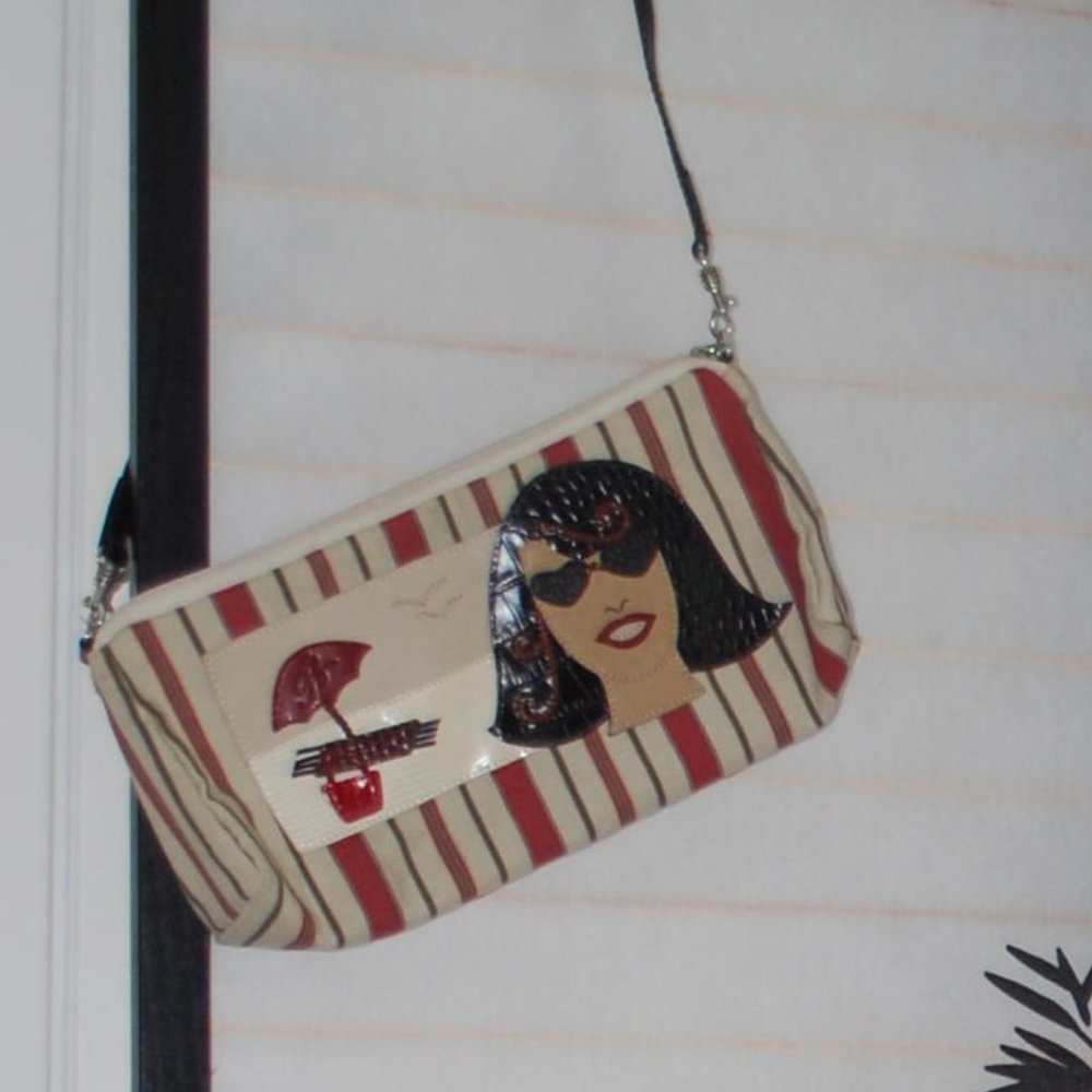 Brighton Striped Print Beach Scene Small Canvas Leather Bag Purse Handbag